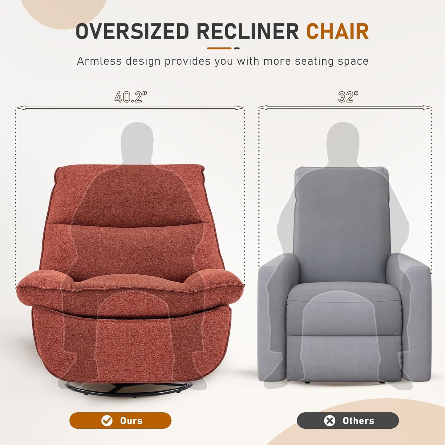 Furnimart Swivel Oversized Recliner Chair, Extra Wide Manual Recliner Chair for Adults, Nursery Glider Rocking Chair Comfy Reading Chair with Side Storage for Living Room, Chenille Burnt Orange