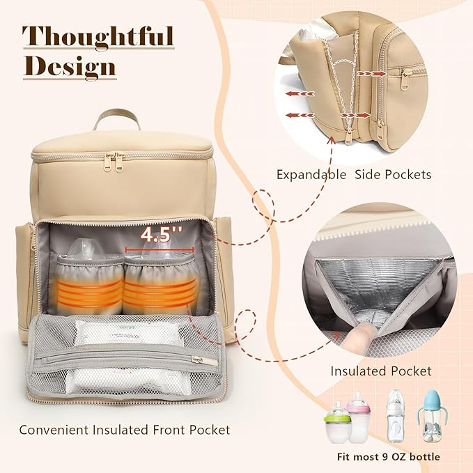 Diaper Bag Backpack, Neoprene Bag Backpack, Large Diaper Backpack with 16 Diaper Bag Organizers, 4 Insulated Pockets, Lighweight Travel Baby Bag with Changing Pad for Mom & Dad, Apricot