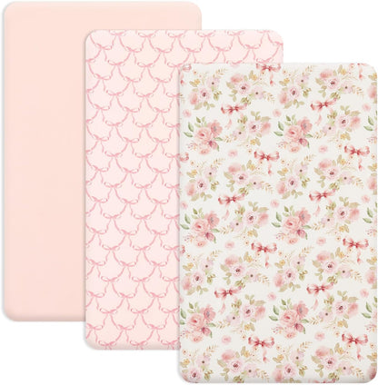 PHF 3 Pack Soft Mini Crib Sheets, Floral & Animal Pack N Play Sheets for Baby Boys Girls, No Slip Universal Fit for Pack N Play, Playard, Portable and Mini Crib Mattresses,Floral & Animal