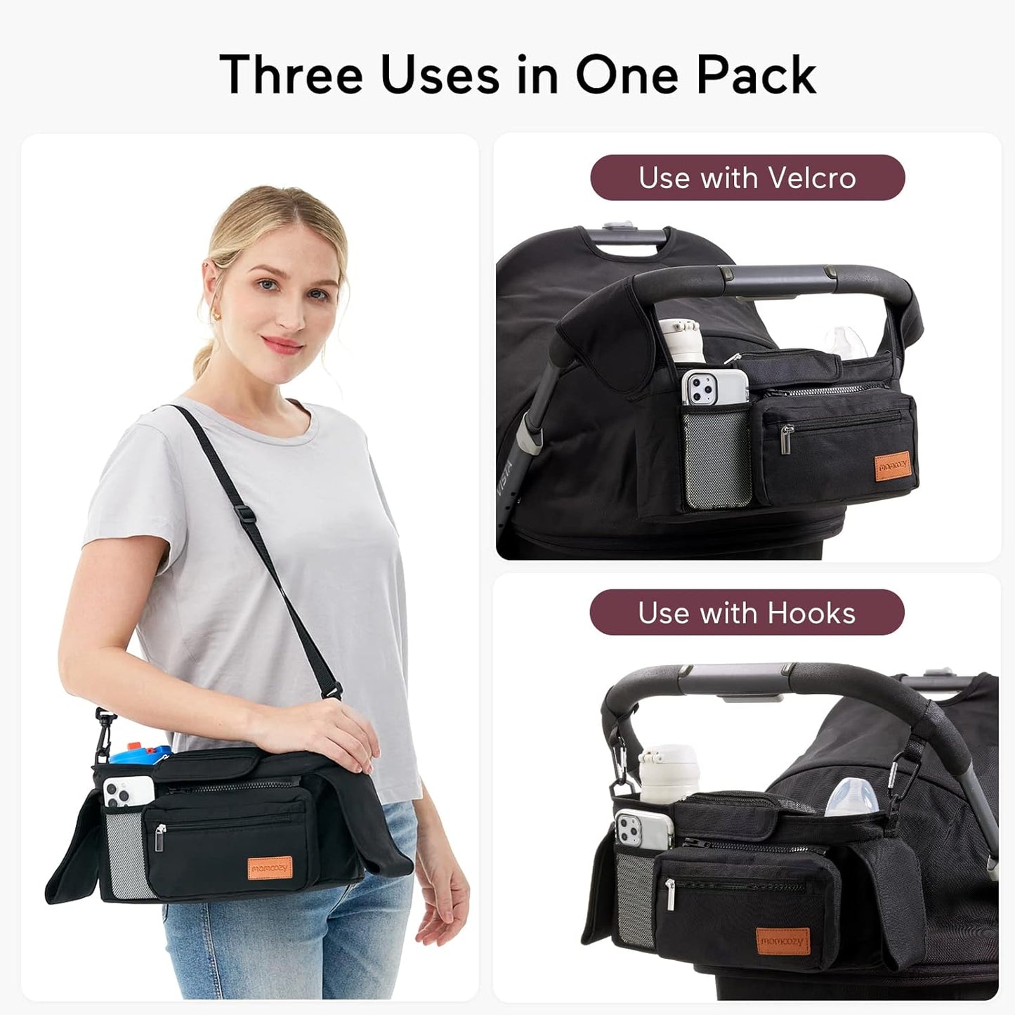 Momcozy Universal Stroller Organizer with Insulated Cup Holder Portable Stroller Fan, 27H Ultra-long Battery Life, Detachable 4 Speed 360°Rotate, LED Night Light with 2 Modes