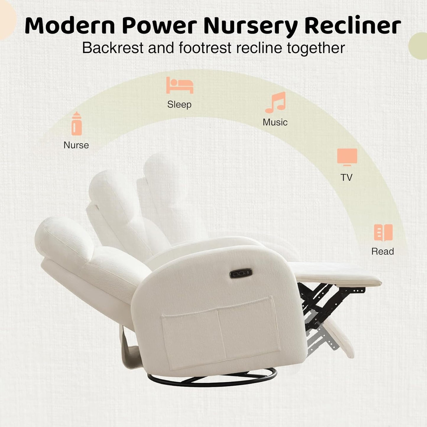 Swivel Rocker Recliner Chair, Rocking Recliner for Nursery with Side Pockets, Manual Swivel Reclining Nursery Glider Chair for Breastfeeding Living Room, Camel Chenille