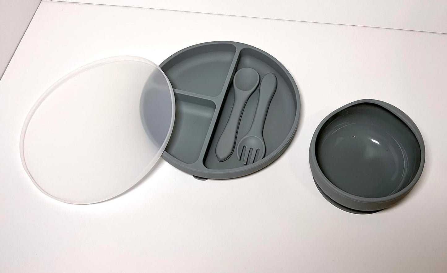 Kotaria 9 Piece Pink Toddler Silicone Dinner Set. Includes Bib, Suction Compartment Plate with lid, Cup with Straw and lid for Snack time, Bowl, Fork and Spoon.