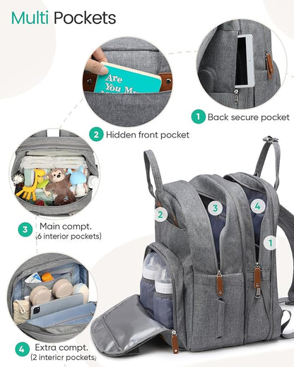 Qualyphant Extra Large Diaper Bag Backpack for Two Kids Twins - Expandable Baby Bag (26-36L), Dual Big Compartments - Includes Changing Pad & Stroller Straps, Unisex Grey
