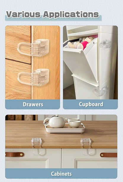 Maveek Drawer Baby Proofing, Baby Proof Kitchen Drawer Lock, Corner Furniture Latch For Pull-Out Dresser Storage Cabinet Nightstand Bathroom Vanity With Drawers, For 0-12 Month Toddlers Safety (Clear)