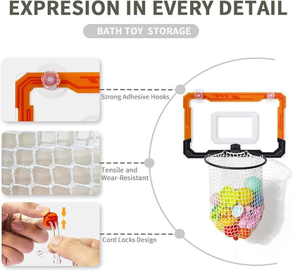 Baby Bath Toy Storage Organizer, Large Opening Mesh Bathtub Toy Storage for Tub, Bath Toy Holder for Quick Release of Toys for Bathroom, Basketball Hoop Design with Fun Bonus