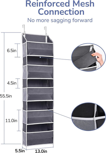 ULG 1 Pack Over Door Organizer with 5 Large and 10 Mesh Side Pockets, 44 lbs Weight Capacity Hanging Storage with Clear Window Kids Toys, Shoes, Diapers, Dark Grey, 5 Layers