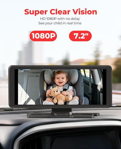 LUCKVIEW BM5PRO 7.2" Dual Camera Baby Monitor, 1080P HD Display for 2 Kids, Night Vision, Easy Install Car Baby Monitor, Ideal Gift, Rear Seat Safety for Babies & Pets