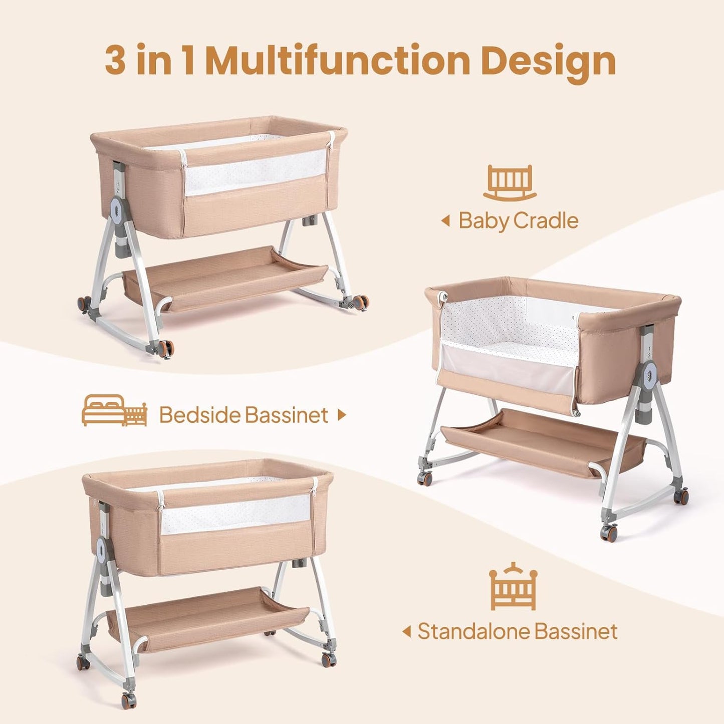JOYMOR 3 in 1 Baby Bassinet, Bedside Bassinet for Baby, with Comfy Mattress and Wheels, 6 Height Adjustable Easy Folding Portable Bedside Crib for Newborn (Black)