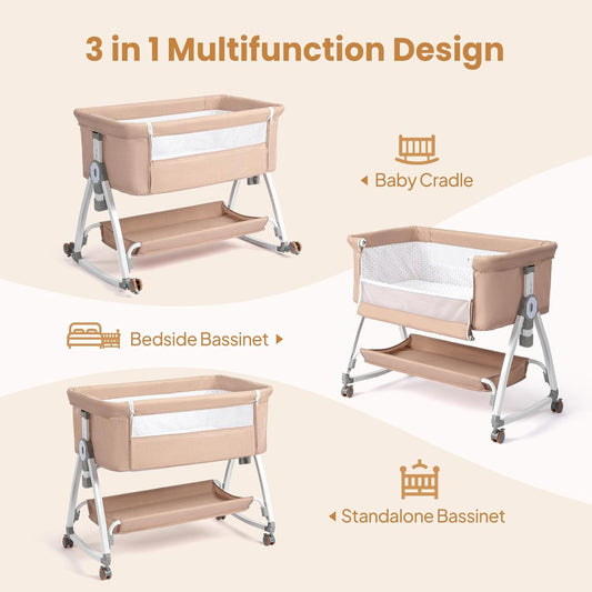 JOYMOR 3 in 1 Baby Bassinet, Bedside Bassinet for Baby, with Comfy Mattress and Wheels, 6 Height Adjustable Easy Folding Portable Bedside Crib for Newborn (Black)