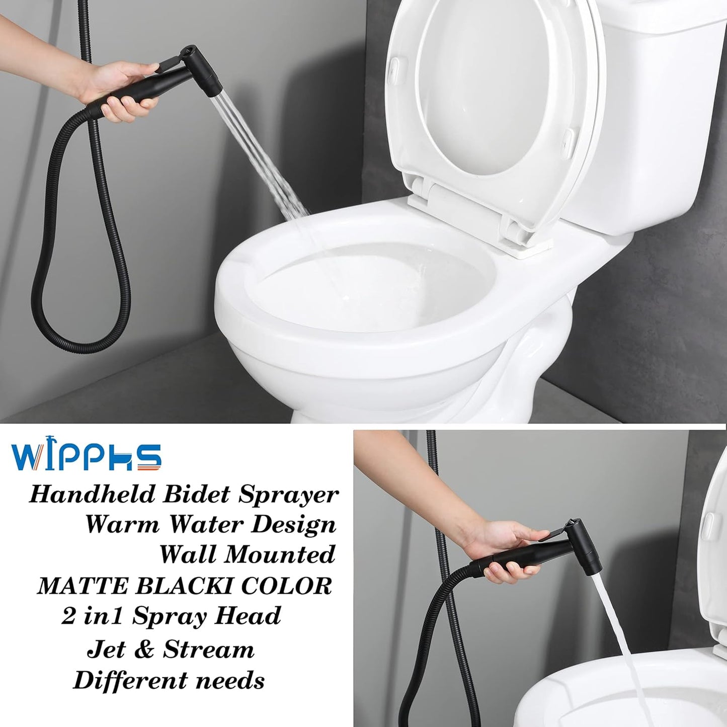 Chrome Handheld Bidet Sprayer for Toilet Warm Water, WiPPhs Stainless Steel Polished Silver Bidet Hand Held Sprayer with Brass Hot and Cold Mixing Valve, WI9138CP