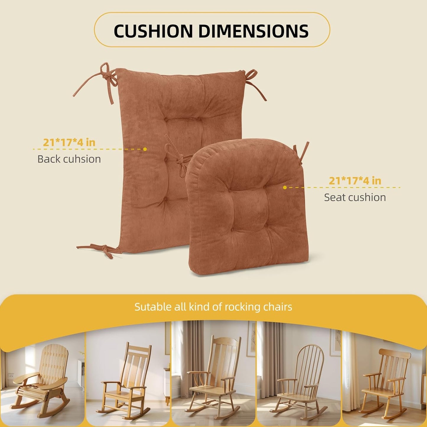 Millsilo Rocking Chair Cushions 3-Piece Set with Neck Pillow, Indoor Rocker Comfortable Tufted Non-Slip Pads with Ties, High-Density Foam Cushion for Adirondack Glider Chair, Orange, 52 x 19 x 4 Inch