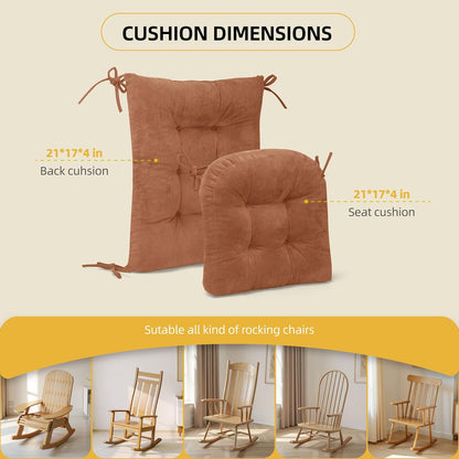 Millsilo Rocking Chair Cushions 3-Piece Set with Neck Pillow, Indoor Rocker Comfortable Tufted Non-Slip Pads with Ties, High-Density Foam Cushion for Adirondack Glider Chair, Orange, 52 x 19 x 4 Inch