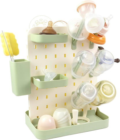 Baby Bottle Drying Rack Space Saving Countertop Vertical Rack with Brushes Holder (Pink)