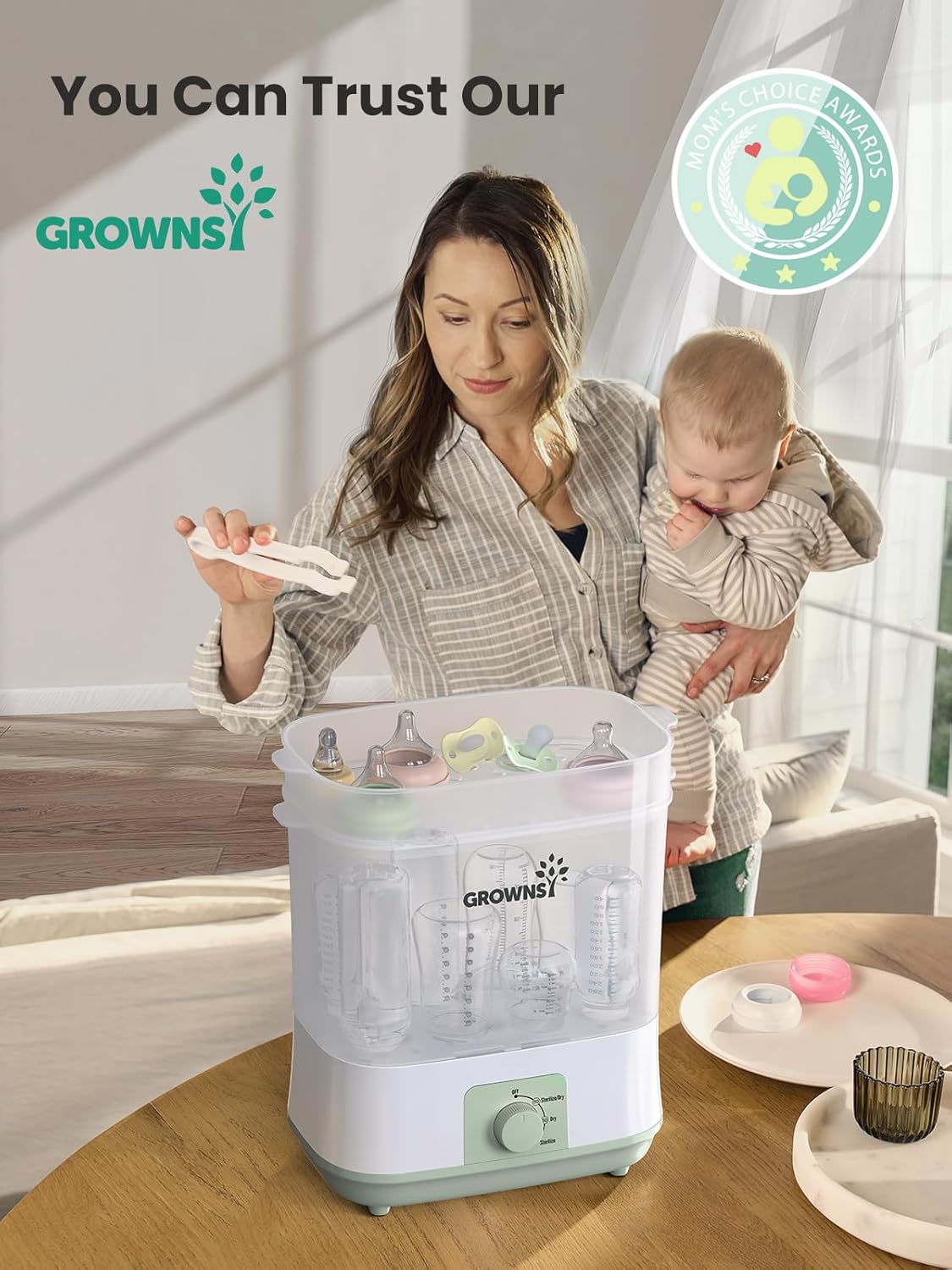 Grownsy Adjustable 4 in 1 Large Bottle Sterilizer and Dryer, 8 Bottles Capacity,Electric Steam Baby Bottle Sterilizer, Sanitizer for Baby Bottles & Pacifiers, Breast Pump Parts