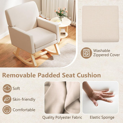 Giantex Upholstered Rocking Chair, Nursery Rocking Chair w/Widened Back, Machine-Washable Seat Cushion Cover, Solid Rubber Wood Frame, Glider Rocker Accent Chair for Living Room, Bedroom, Beige