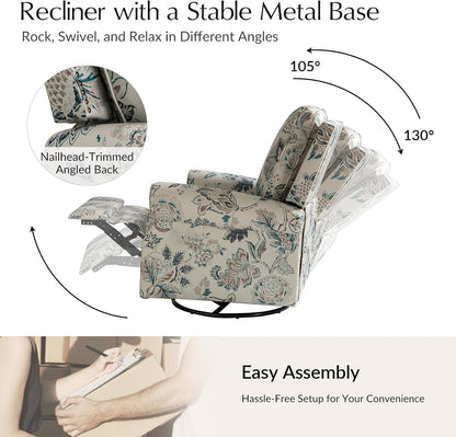HULALA Home Modern Rocker Recliner, Printed Fabric Swivel Glider with Adjustable Backrest & Footrest, JEACOBEAN
