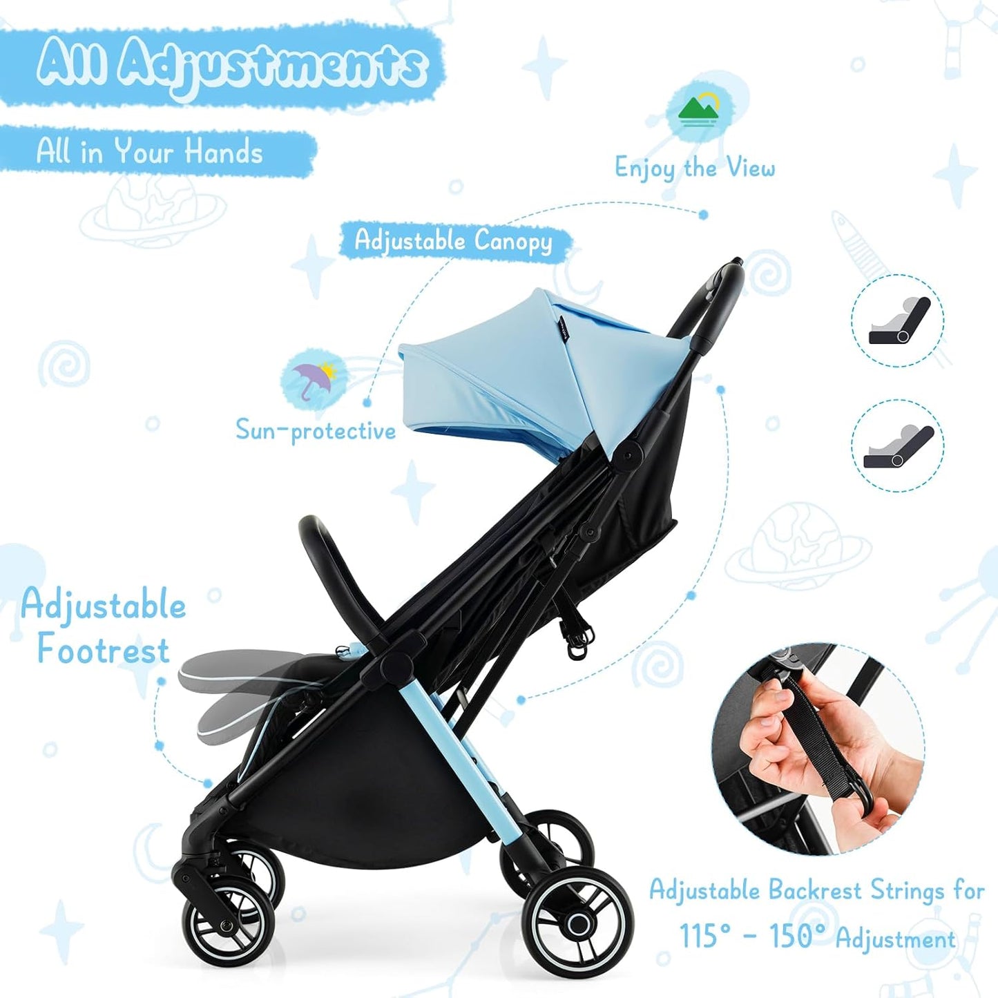 HONEY JOY Lightweight Baby Stroller, Compact Travel Stroller for Airplane, Fits Airplane Cabin & Overhead, One-Hand Gravity Fold, Self-Standing Toddler Stroller w/Adjustable Backrest/Canopy(Pink)