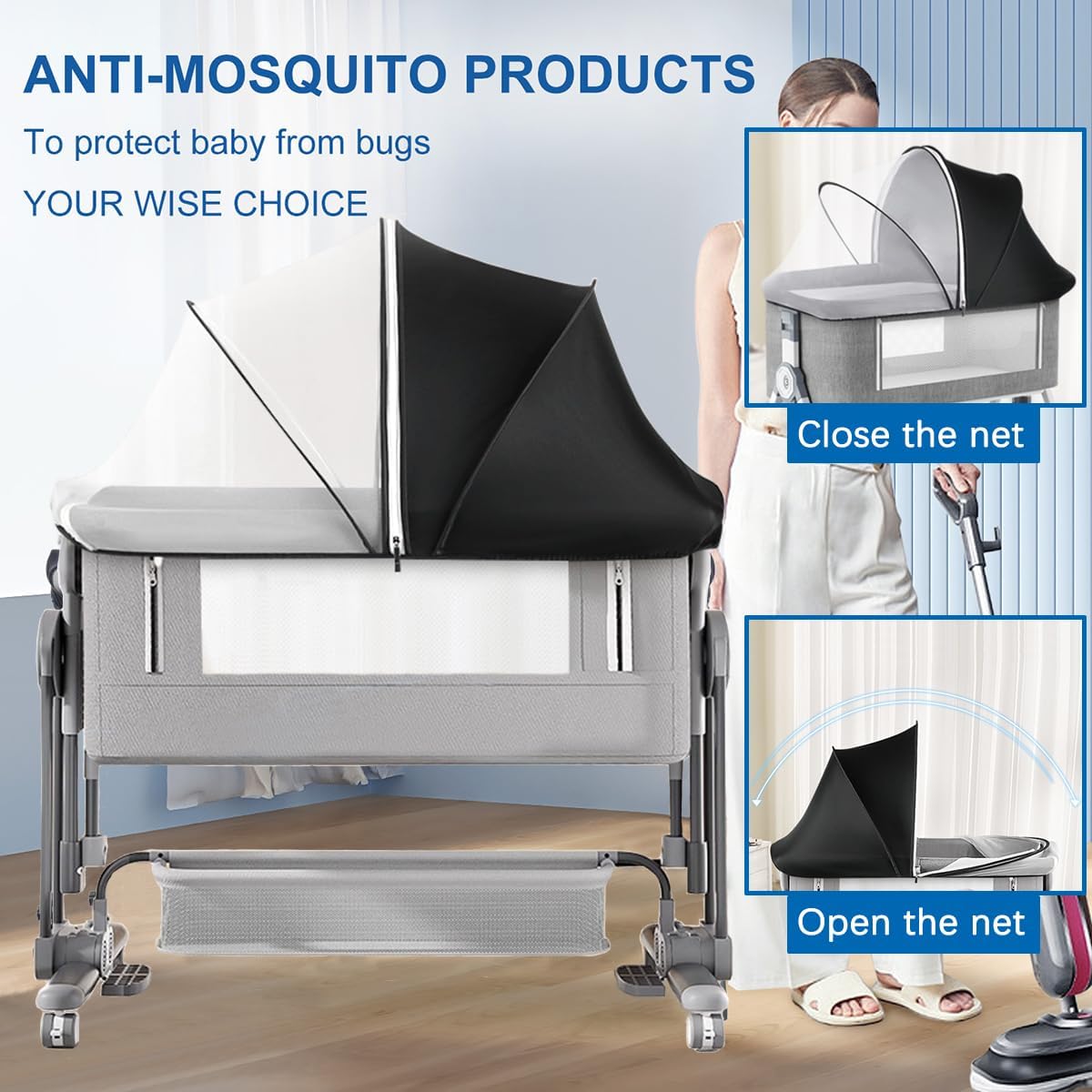Akiky Portable Bassinet Bedside Sleeper Cover Semi-Sunshade Mosquito Net for Baby Infant Bed Sleeper Cover Mesh Net with Zip-up Window(Gray)