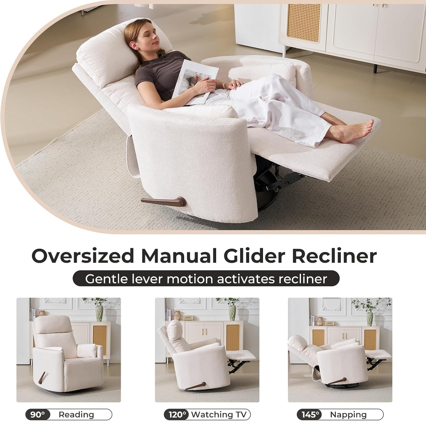Oversized Swivel Recliner Chair with Massage and Heat, Rocking Chair Nursery with Adjustable Headrest, Rocking Chair Nursery Glider Chairs with 2 Pillows, Glider Rocker Recliner, White