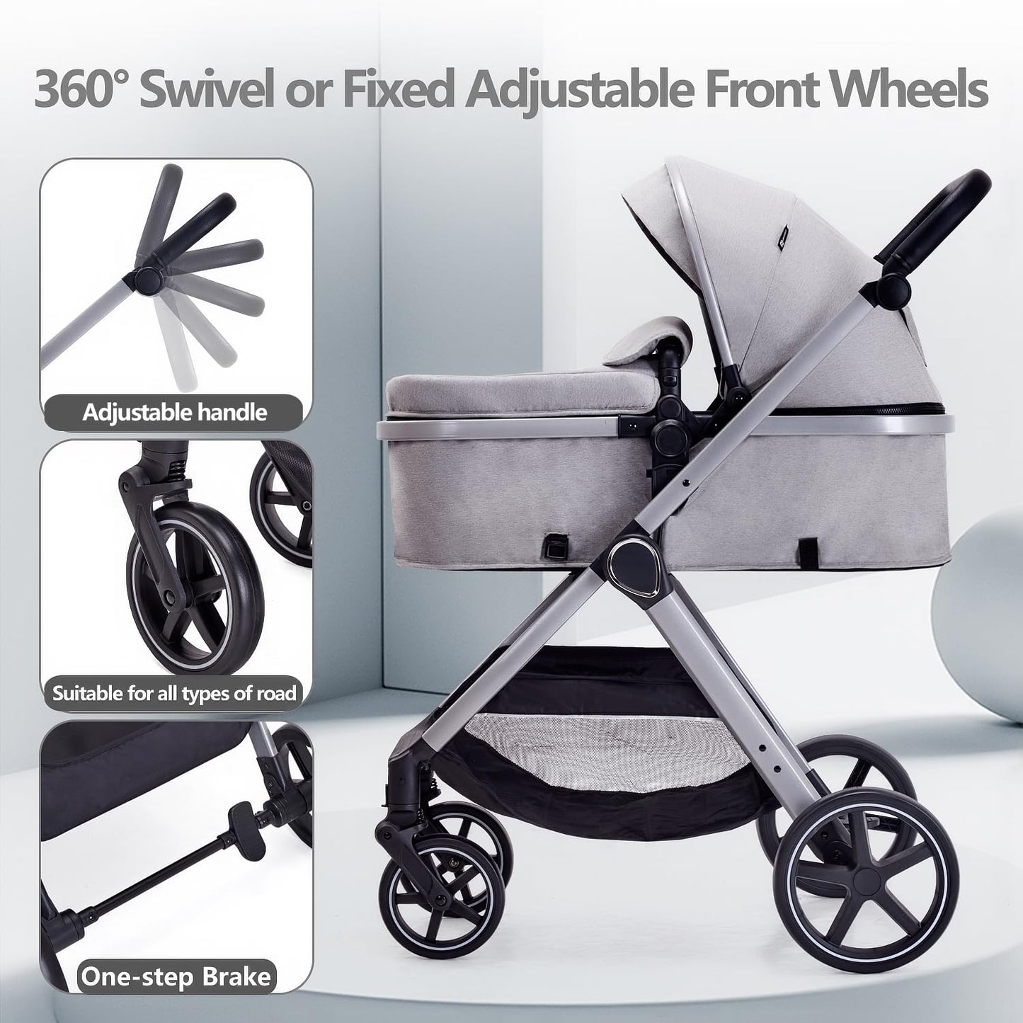 Lortsybab 2 in 1 Baby Stroller, Newborn Infant Toddler Convertible Pram Stroller for 0-36 Months Old Babies (Grey)