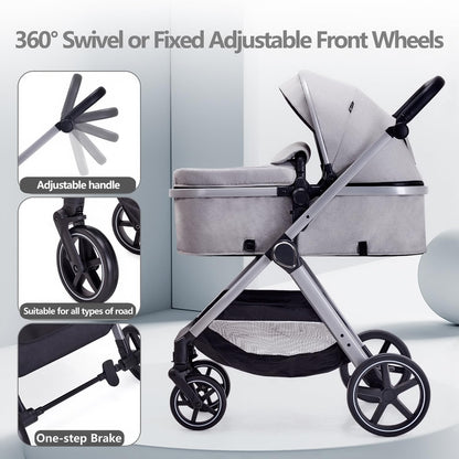 Lortsybab 2 in 1 Baby Stroller, Newborn Infant Toddler Convertible Pram Stroller for 0-36 Months Old Babies (Grey)