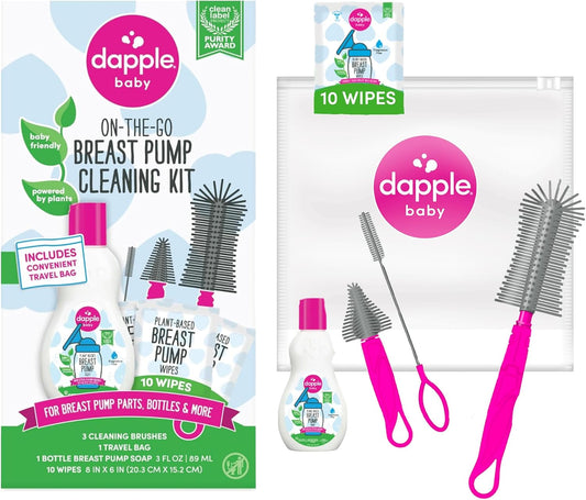 Dapple Breast Pump Cleaning Kit, 3 Baby Bottle Cleaning Brushes, Hypoallergenic & Powered by Plants, Removes Milk Residue, Leaves No Taste, 3oz Soap, 10ct Wipes 3 Cleaning Brushes