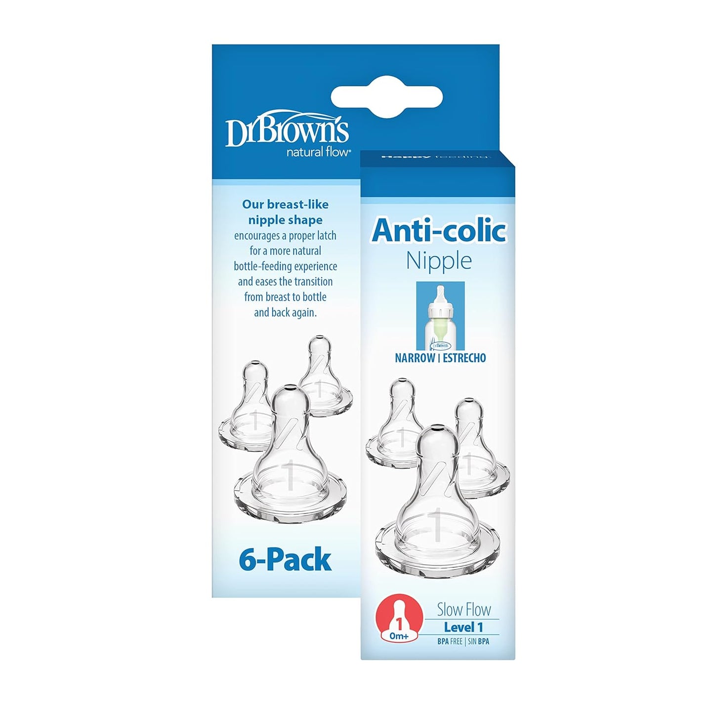 Dr. Brown’s Natural Flow Preemie Flow Narrow Baby Bottle Silicone Nipple, Slowest Flow, 0m+, 100% Silicone Bottle Nipple, 6 Count(Pack of 1)