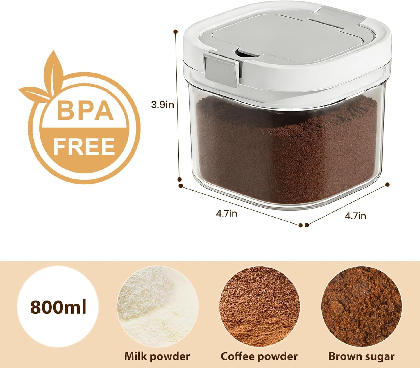 Airtight Coffee Canister-27oz Sugar and Dry Food Container BPA Free with Spoon and Layered Storage for Grounds Coffee, Beans, Tea, Sugar, Flour, Cereal,Formula