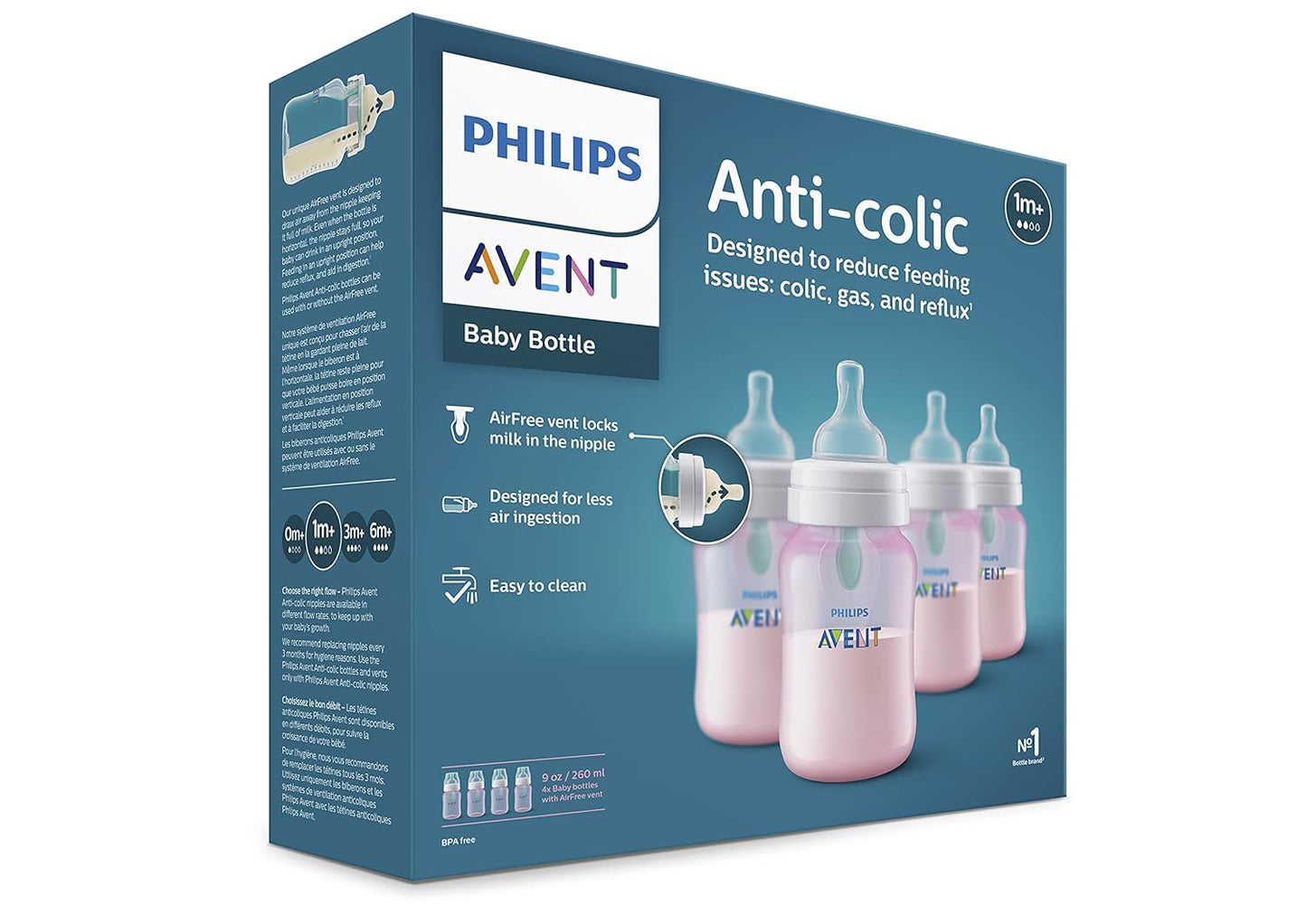 Philips Avent Anti-Colic Bottle with AirFree Vent, 4oz, with Flow 1 Nipples, 0m+, 4pk, Clear, SCY701/04