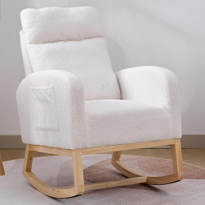 Nursery Rocking Chair with Solid Wood Legs, Glider Chair for Nursery with Two Side Pockets, Rocker Armchair for Living Room Bedroom (Ivory White, Teddy Fabric)