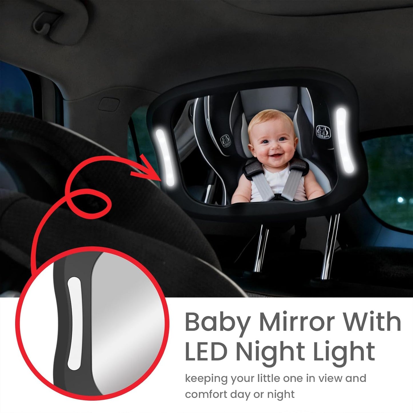 Baby Car Mirror with LED Light & Remote Control - Night Vision Rear Facing Car Seat Mirror, Adjustable Shatterproof Safety Mirrors for Backseat Infant, Universal Fit for Cars, SUVs (Black)