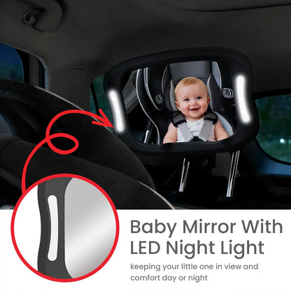 Baby Car Mirror with LED Light & Remote Control - Night Vision Rear Facing Car Seat Mirror, Adjustable Shatterproof Safety Mirrors for Backseat Infant, Universal Fit for Cars, SUVs (Black)