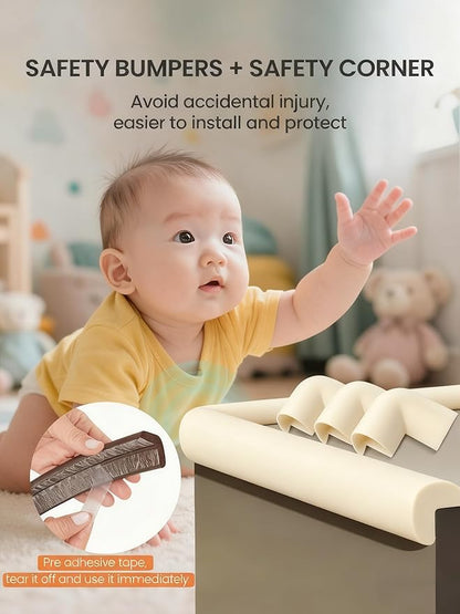 Baby Proof Edge Corner Protector, 16.4FT 0.47''Th L-Shape Furniture Corner & Edge Safety Bumpers with 10 Corners, Pre-Taped, Soft NBR Rubber Foam Desk Edge Cushion Wall Corner Protector (Beige)