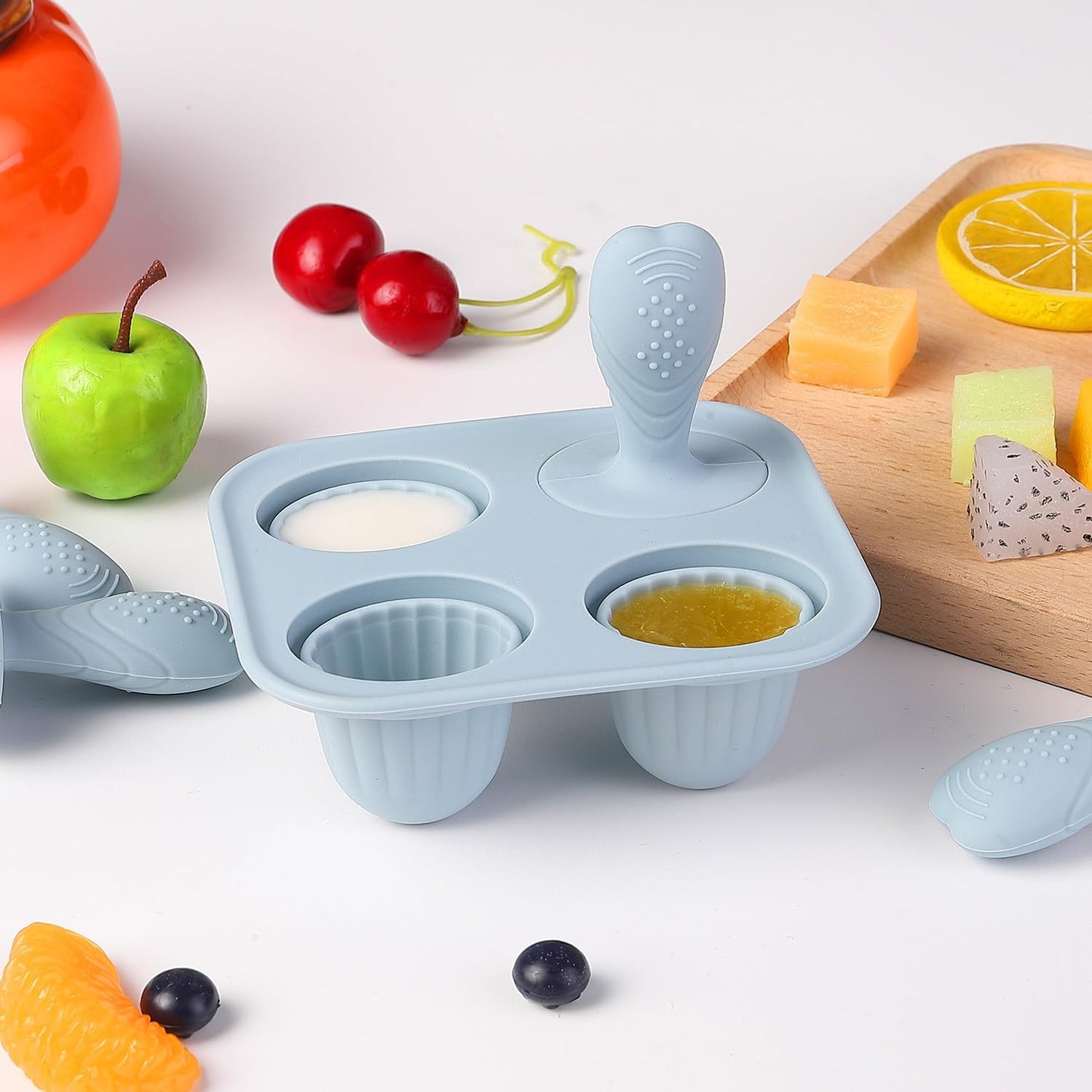 Silicone Baby Ice Pop Molds with Easy-Grip Handles, 4-Cavity Frozen Food Feeder Tray for Toddlers, Mini Popsicle Maker for Feeding Stage, Fruit Puree & Breast Milk Snacks(Olive Green)