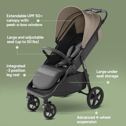 Mompush Nova Infant Baby Stroller for Newborn to Toddler, Oversized Seat up to 50 lbs, All-Terrain 10" Wheels & Suspension, One-Hand Fold; Lie-Flat Mode; UPF 50+ Canopy