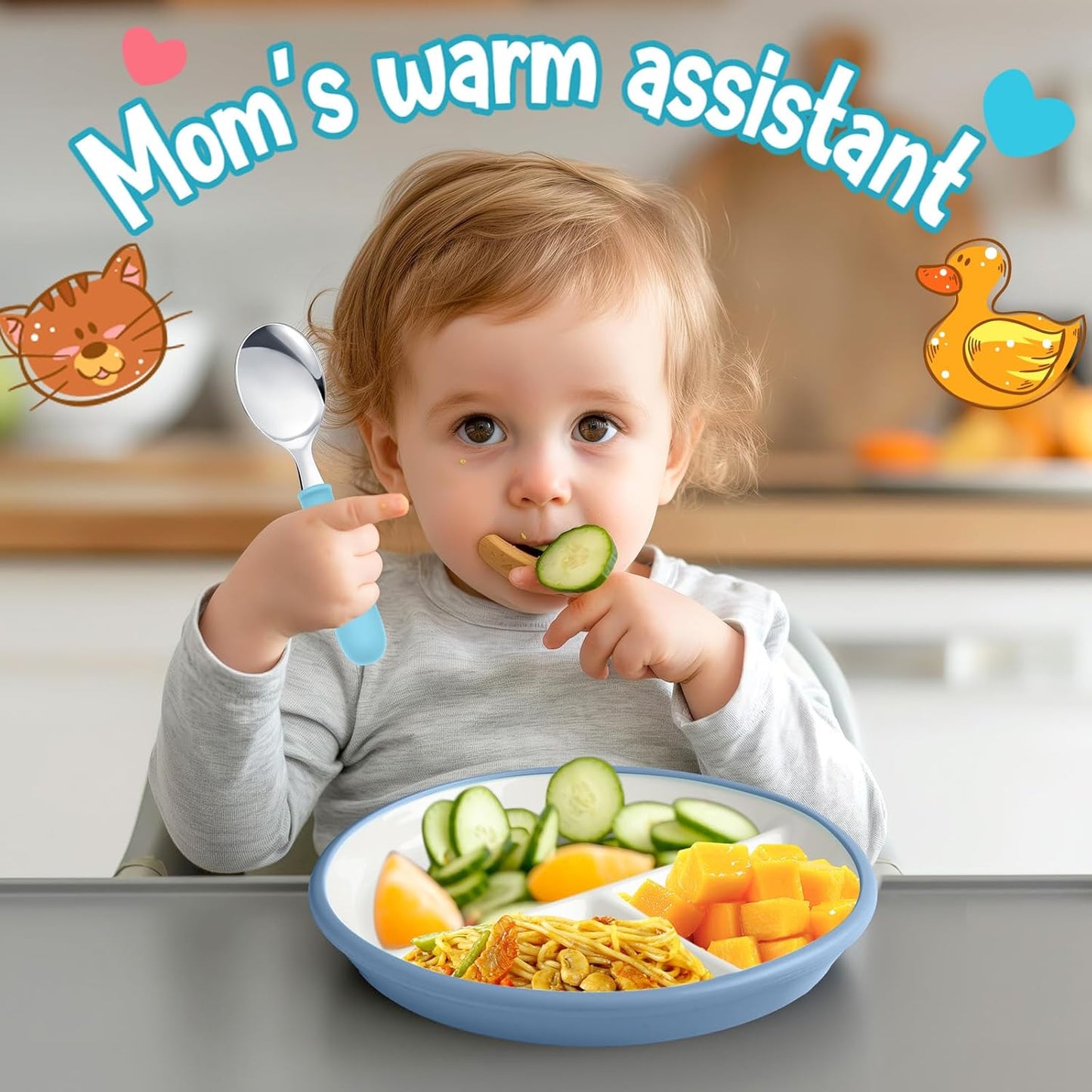 Teenyyou 3 Pack 8" Large Porcelain Toddler Plates Feeding Set, Ceramic Kids Suction Plates with Anti Slip Silicone Sleeve for Baby 3 Spoons and Forks Divided Kids (Blue,Green,Beige)