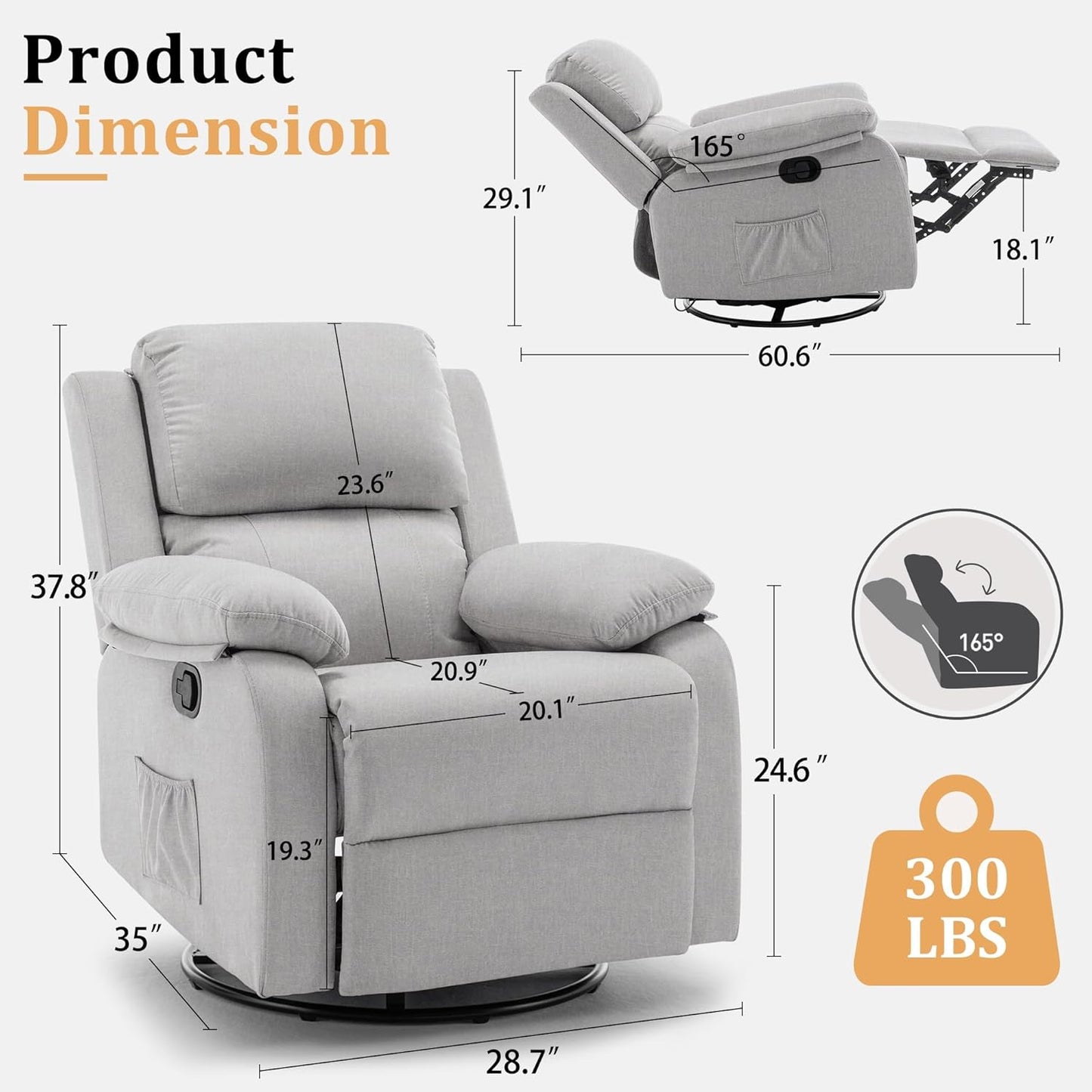 Korser Recliner Chair, 360 Swivel Rocker Chair for Adults, Small Rocking Recliner for Small Spaces, Upholstered Fabric Glider Recliner Nursery