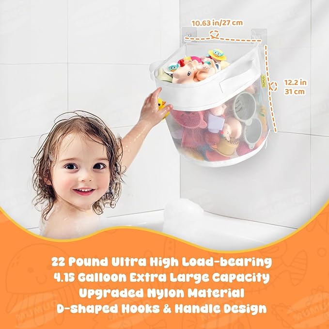 Bath Toy Storage, 4.15 Gallons Bath Toy Holder Wall-Mounted Shower Caddy Bottom Zipper Bathtub Toys Storage Mesh Organizer Bag, Quick Access Baby Shower Games Toys Organizer Accessory White (L)