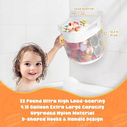 Bath Toy Storage, 4.15 Gallons Bath Toy Holder Wall-Mounted Shower Caddy Bottom Zipper Bathtub Toys Storage Mesh Organizer Bag, Quick Access Baby Shower Games Toys Organizer Accessory White (L)