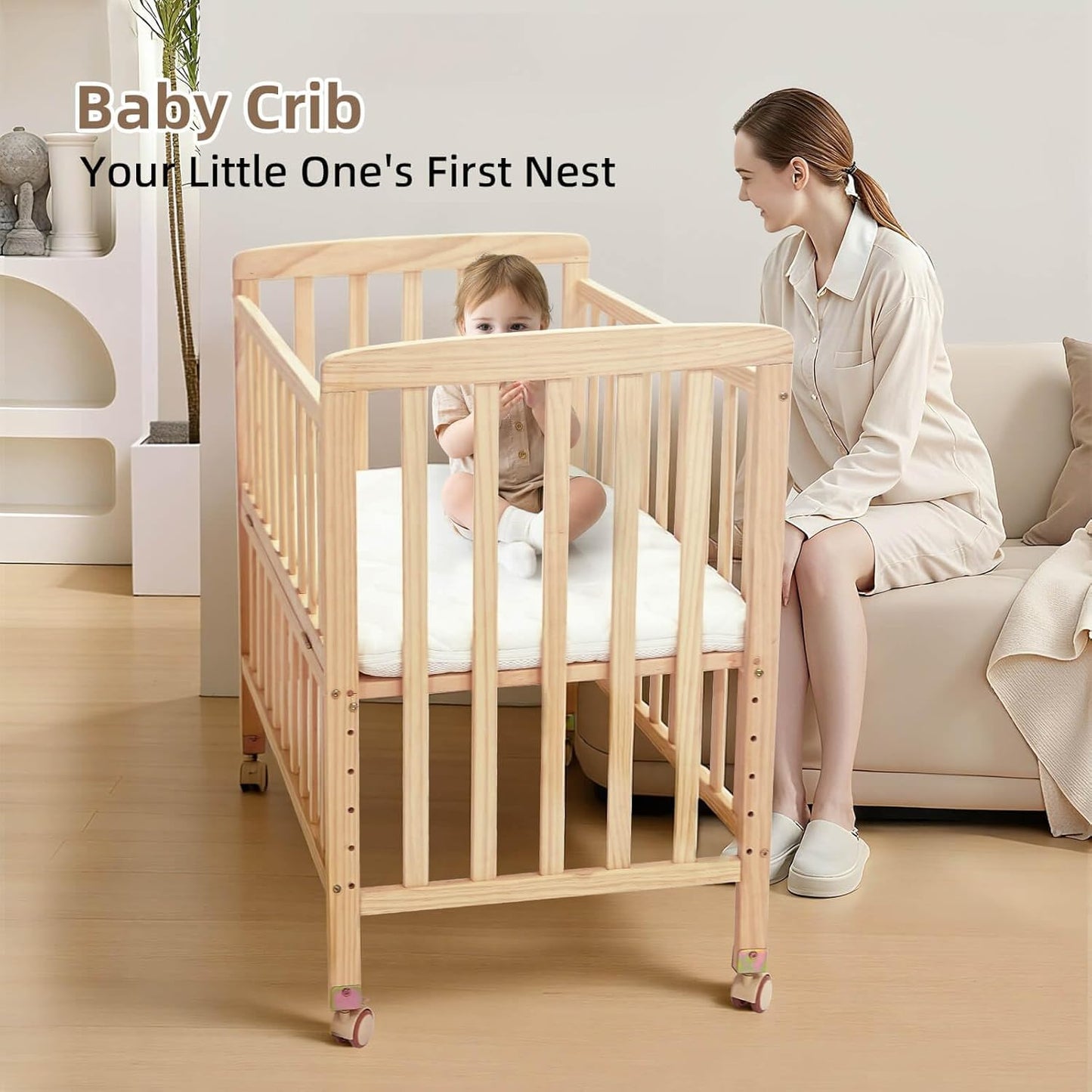 Flwrgirl Baby Bassinets Bedside Sleeper - Portable Pine Wood Bedside Bassinet with Mattress,3 Heights Small Mini Crib,Baby Crib for Newborns,Unpainted | Pine Wood Bassinet, Mattress Included, 3-IN-1 Convertible, Adjustable Height, Locking Wheels, Portalbe