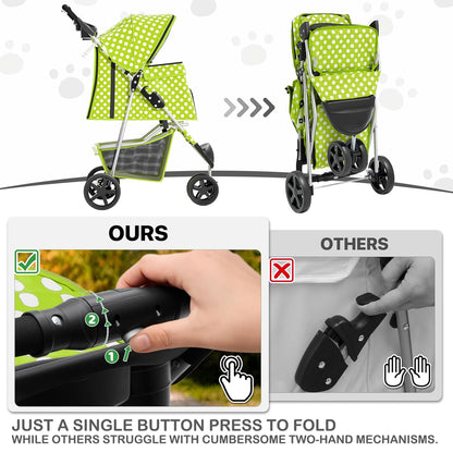 MoNiBloom Foldable Pet Stroller with Weather Cover, 3 Wheels Pet Strolling Cart for Small/Medium Dogs and Cats with Storage Basket and Cup Holder, Breathable and Visible Mesh for All-Season, Black