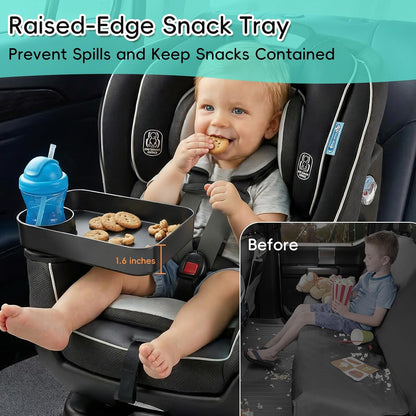 Kids Car Seat Tray, Travel Tray with Cup Holder for Toddler Baby, Kids Car Seat Food Snack Organizer for Road Trip, Stroller Snack Organizer Travel Must Haves Toddler Must Haves (Dark Gray, 1PCS)