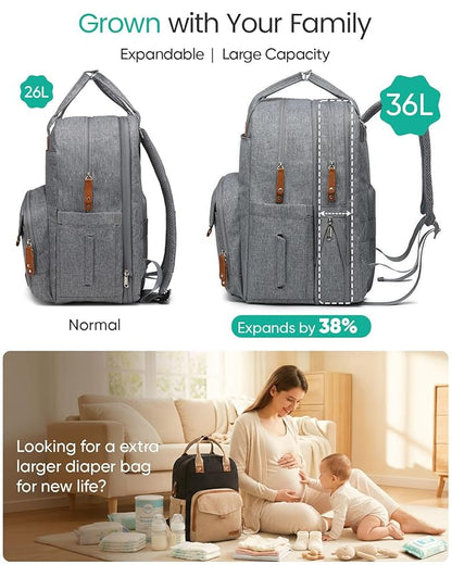 Qualyphant Extra Large Diaper Bag Backpack for Two Kids Twins - Expandable Baby Bag (26-36L), Dual Big Compartments - Includes Changing Pad & Stroller Straps, Unisex Grey