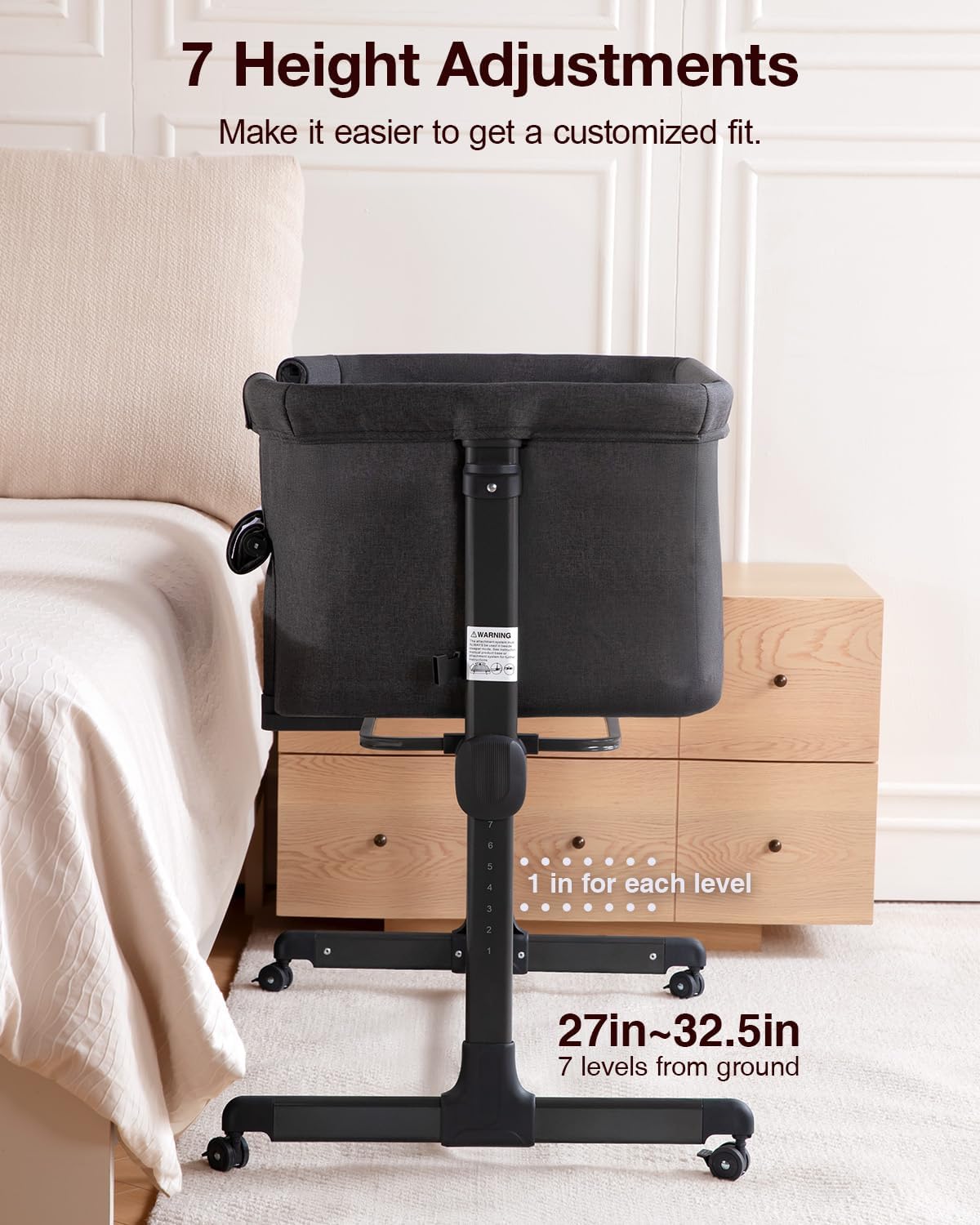 Larex Baby Bassinet, 3 in 1 Bassinets Bedside Sleeper Crib Sleeper for Newborn, Portable Crib Adjustable 7 Height Bedside Bassinet with Mattress and Movable Wheels，Breathable Mattress&Mesh(Dark Grey)