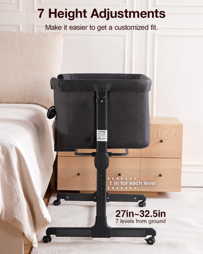 Larex Baby Bassinet, 3 in 1 Bassinets Bedside Sleeper Crib Sleeper for Newborn, Portable Crib Adjustable 7 Height Bedside Bassinet with Mattress and Movable Wheels，Breathable Mattress&Mesh(Dark Grey)