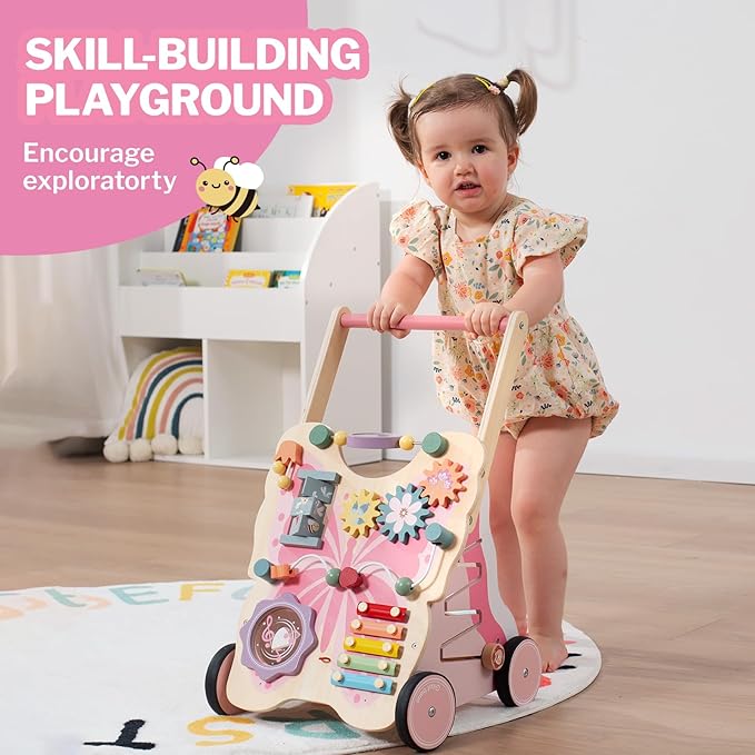Wooden Baby Push Walker for Girls Toddler Kid 18-36months with Activity Center, Pink Butterfly Montessori Learning Push Walker with Wheels, Push Toy Develop Motor Skills Stimulates Creativity