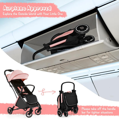 HONEY JOY Lightweight Baby Stroller, Compact Travel Stroller for Airplane, Fits Airplane Cabin & Overhead, One-Hand Gravity Fold, Self-Standing Toddler Stroller w/Adjustable Backrest/Canopy(Pink)