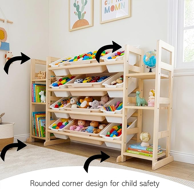 Amdermi Kids Toy Storage Organizer, 52" W White 6-Shelf Bookcase with 12 Bins, Cubby Unit for Toddler Playroom & Bedroom Organization