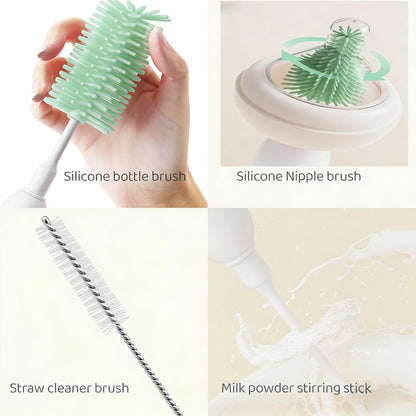 Portable Electric Silicone Bottle Brush Set, 7-in-1 UV LIGHT USB Charging, Nipple/Straw Cleaner, Milk Mixer, Built-in Drying Rack & Storage Case, BPA-Free, IPX7, On-the-Go for New Parents (Blush)