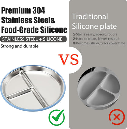 MISSLILI Stainless Steel Baby Plate and Bowls with Suction, Divided Kids Baby Plate and Toddler Bowl with Removable Silicone Suction, Non-Slip Baby Feeding Set Dishwasher Safe，4 Packs